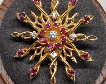 Z1858 Vintage 14K Yellow Gold Diamond and Ruby Pin/Pendant with an Est. .13 TCW.