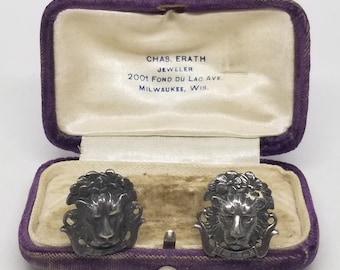 FA2649 Vintage Sterling Leo the Lion Cuff Links with Original Case.