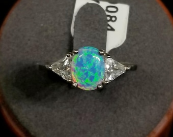 FA9084 Vintage Avon Sterling with Created Opal and CZ Ring, Size 6.75.