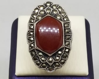FAJ089 Vintage Sterling, Agate and Hematite Ring, Size 5.25.