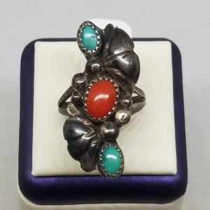 FAJ011 Vintage Sterling, Coral and Turquoise Ring, Size 6.
