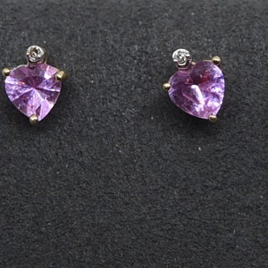 Z303 Vintage 10K Yellow Gold Earrings with Heart Shaped Pink Ice Cubic Zirconia.