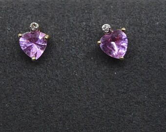 Z303 Vintage 10K Yellow Gold Earrings with Heart Shaped Pink Ice Cubic Zirconia.