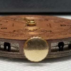 以下が含まれることがあります： 銅色の文字盤と金色のアクセントが付いた、ヴィンテージのクロノグラフ腕時計の側面のクローズアップ。時計は丸い文字盤で、黒い目盛りと金色のリューズが付いています。