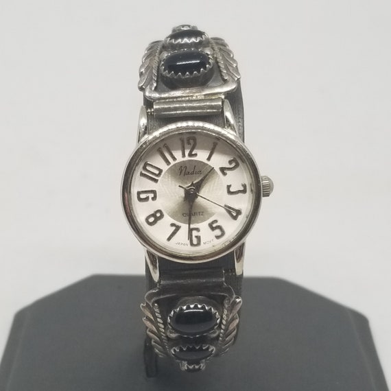 時計 Nadia vintage Indian jewelry Watch FA4346 Nadia Quartz Wrist Watch With Sterling & Onyx Band