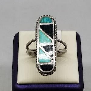 FAJ017 Vintage Sterling, Onyx and Turquoise Ring, Size 7.