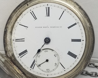 MAPW19 1873 Elgin Sterling Cased Pocket Watch, Grade 62, Size 18s, 15 Jewels, Needs Work.