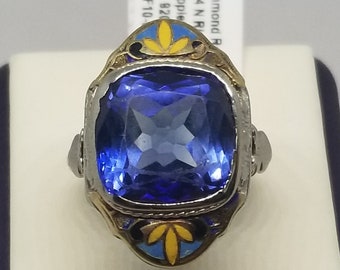 Z1480 Vintage 14K White Gold Created Sapphire & Enameled Ring, Size 4, Damage.