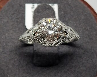 Z2006 Vintage 18K White Gold with an Est. 1.10 Ct. Diamond M i3 Filigree Ring, Size 7.