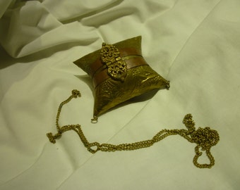 A23 Brass & Copper Jewelry Container/Necklace with Purple Felt Lining.