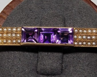 Z1969 Vintage 14K Yellow Gold with Amethyst and Pearls Bar Pin.