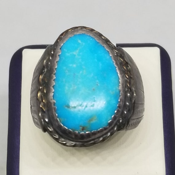 FAJ004 Vintage Sterling and Turquoise Ring, Size … - image 1