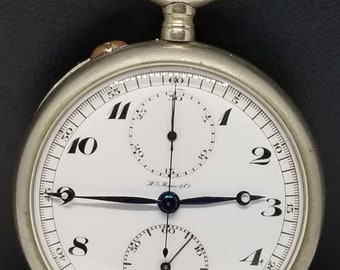 Puede incluir: Un reloj de bolsillo plateado con una esfera blanca y agujas negras. El reloj tiene una función de cronógrafo con dos esferas más pequeñas. El reloj tiene una corona dorada y una correa de cuero negra.