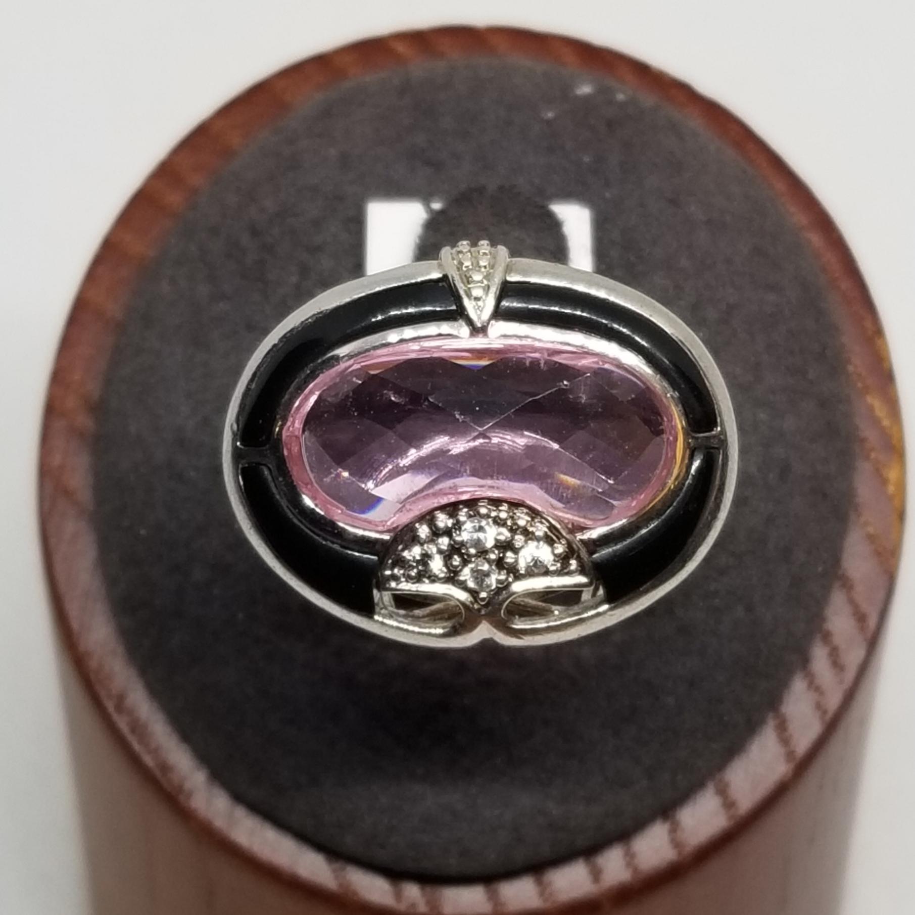 FA5291 Vintage Sterling With Pink CZ and Onyx Ring, Size 6 FA5291 Vintage Sterling With Pink CZ and Onyx Ring, Size 6