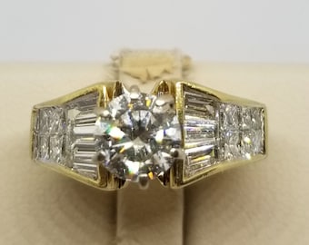 Z66 Vintage 18K Yellow Gold Ring with a 1 Carat Main Stone & 1 Carat Total Weight Side Stones, Size 6.25.