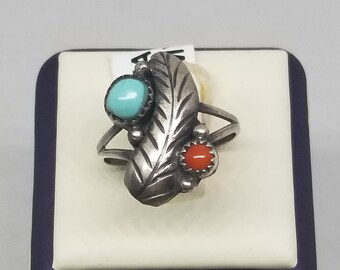 FA3070 Vintage Native Sterling with Turquoise and Coral Ring, 2 Sizes.