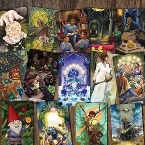 May include: A tarot deck featuring 10 cards from the Pentacles suit. The cards are illustrated with colorful images of people, animals, and objects. The cards are arranged in a grid pattern on a wooden surface.