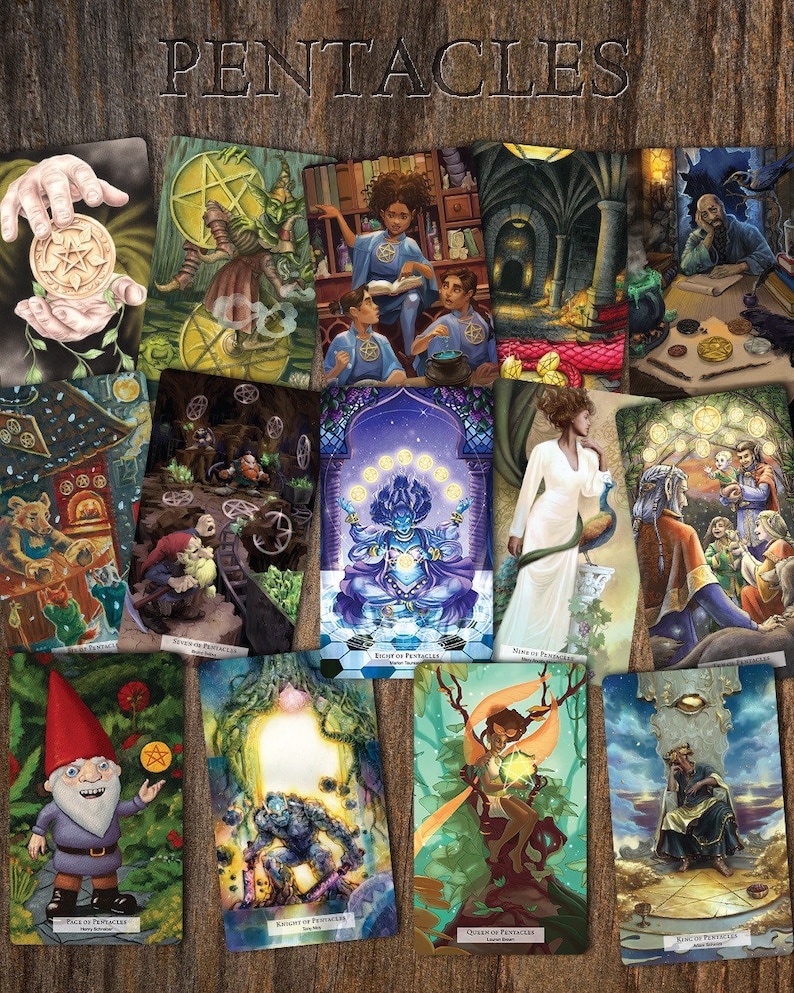 May include: A tarot deck featuring 10 cards from the Pentacles suit. The cards are illustrated with colorful images of people, animals, and objects. The cards are arranged in a grid pattern on a wooden surface.