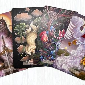 May include: A set of tarot cards featuring colorful illustrations of an owl, a sloth, a tree with mushrooms, and a white peacock. The cards are labeled with the names "Justice", "The Hanged Man", "Death", and "Temperance".