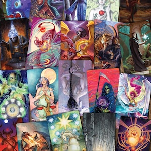 May include: A set of 22 tarot cards featuring colorful illustrations of various mythical creatures, people, and symbols. The cards are arranged in a grid pattern on a wooden surface. The title "MAJOR ARCANA" is displayed at the top of the image.