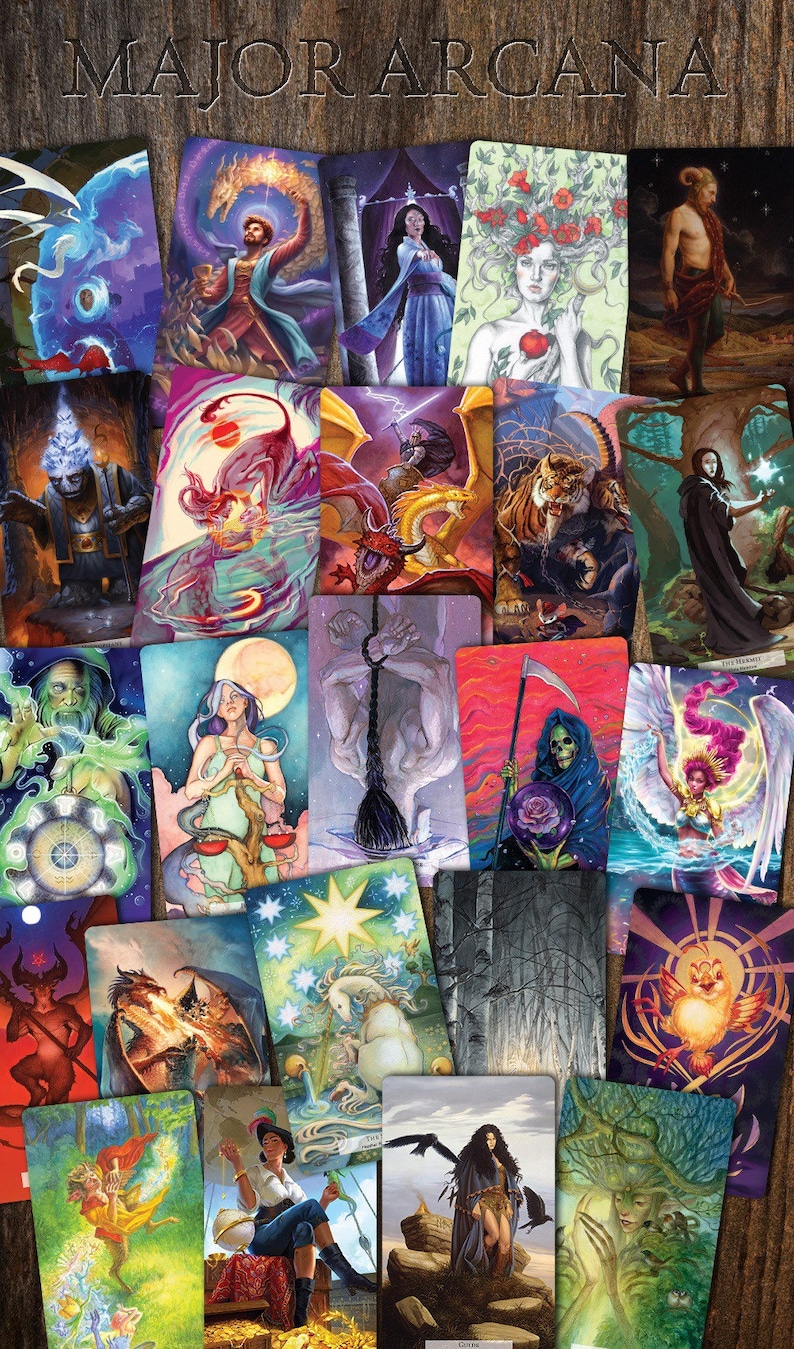 May include: A set of 22 tarot cards featuring colorful illustrations of various mythical creatures, people, and symbols. The cards are arranged in a grid pattern on a wooden surface. The title "MAJOR ARCANA" is displayed at the top of the image.