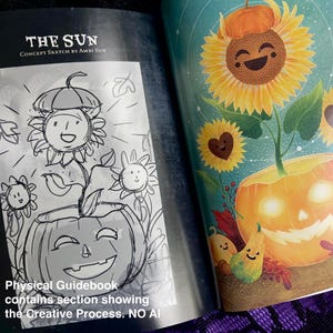 K&ouml;nnte beinhalten: Eine Schwarzwei&szlig;-Zeichnung eines K&uuml;rbisses mit einem l&auml;chelnden Gesicht. Der K&uuml;rbis w&auml;chst an einer Pflanze mit einer Sonnenblume oben drauf. Der Text "THE SUN" und "CONCEPT SKETCH BY AMBI SUN" befindet sich oben im Bild. Der Text "Physical Guidebook contains section showing the Creative Process. NO AI" befindet sich unten im Bild.