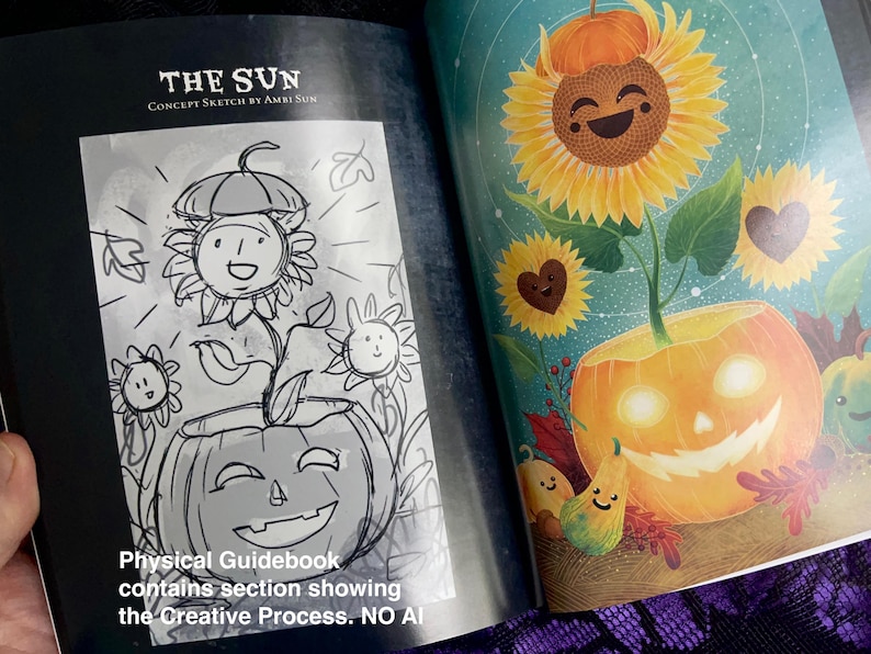 K&ouml;nnte beinhalten: Eine Schwarzwei&szlig;-Zeichnung eines K&uuml;rbisses mit einem l&auml;chelnden Gesicht. Der K&uuml;rbis w&auml;chst an einer Pflanze mit einer Sonnenblume oben drauf. Der Text "THE SUN" und "CONCEPT SKETCH BY AMBI SUN" befindet sich oben im Bild. Der Text "Physical Guidebook contains section showing the Creative Process. NO AI" befindet sich unten im Bild.