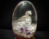 Dragon Egg, Resin Wood Sculpture, Real Amethyst and Quartz Crystals, Hand-Turned Dragon Diorama, LARP Prop for Cosplay, Tactile Gift