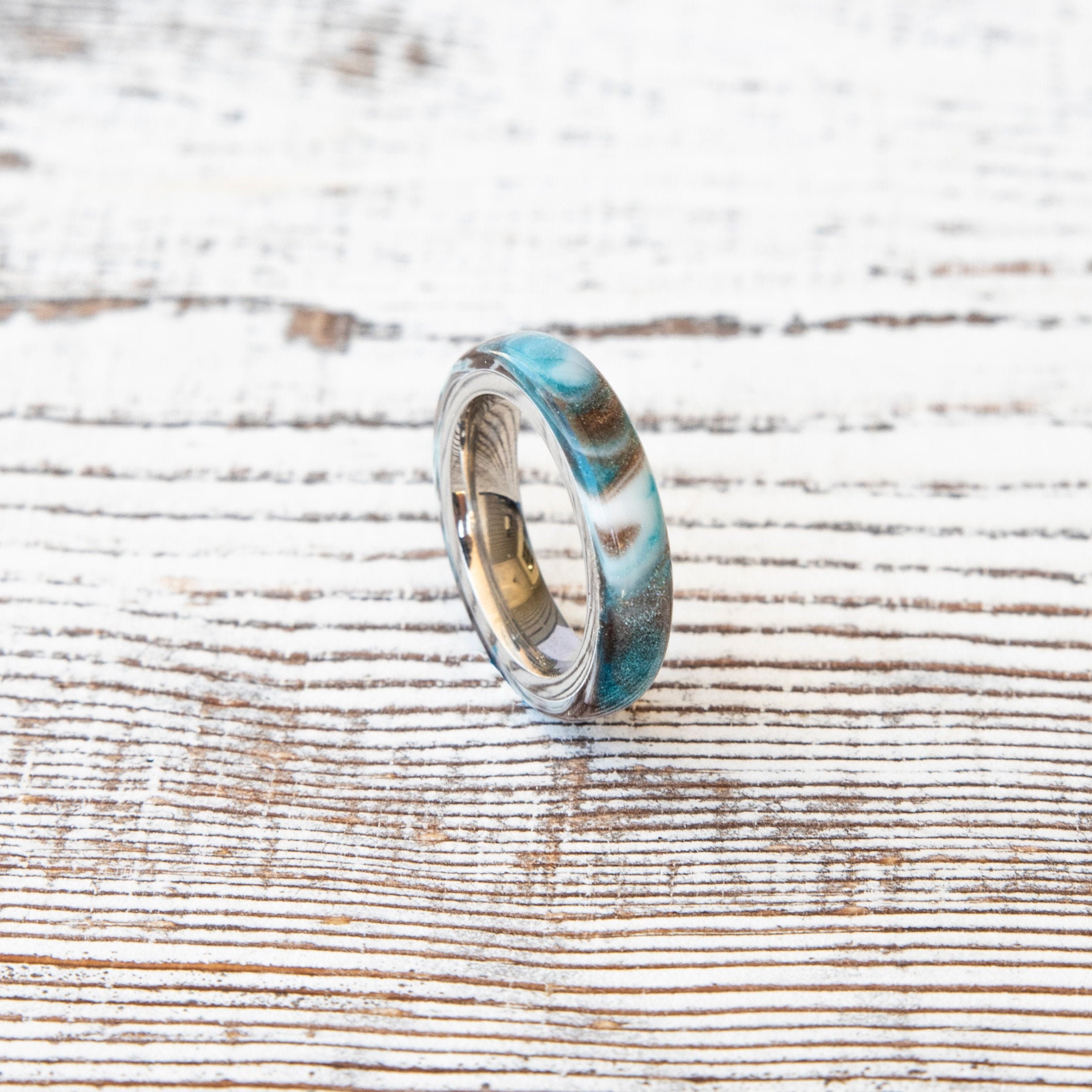 Resin Ring, Hand Turned, Light Blue and Copper, Crushed Diamond