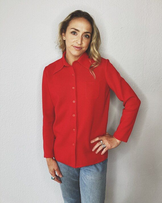 Vintage 70's Le Roy Knitwear RETRO cherry red STR… - image 7