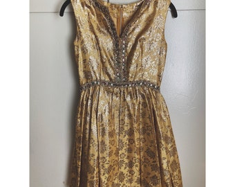 RARE Vintage 50’s Gold and Silver foiled floral print super mini cocktail party dress adorned with bejeweled accents