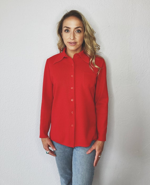 Vintage 70's Le Roy Knitwear RETRO cherry red STR… - image 2