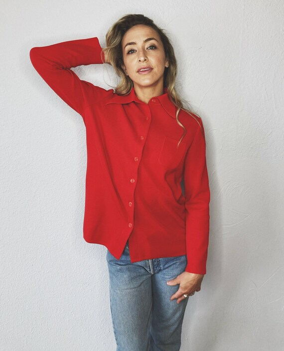 Vintage 70's Le Roy Knitwear RETRO cherry red STR… - image 3