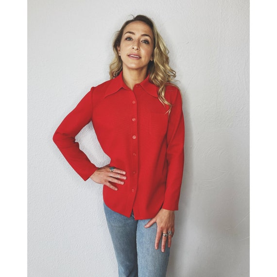 Vintage 70's Le Roy Knitwear RETRO cherry red STR… - image 1