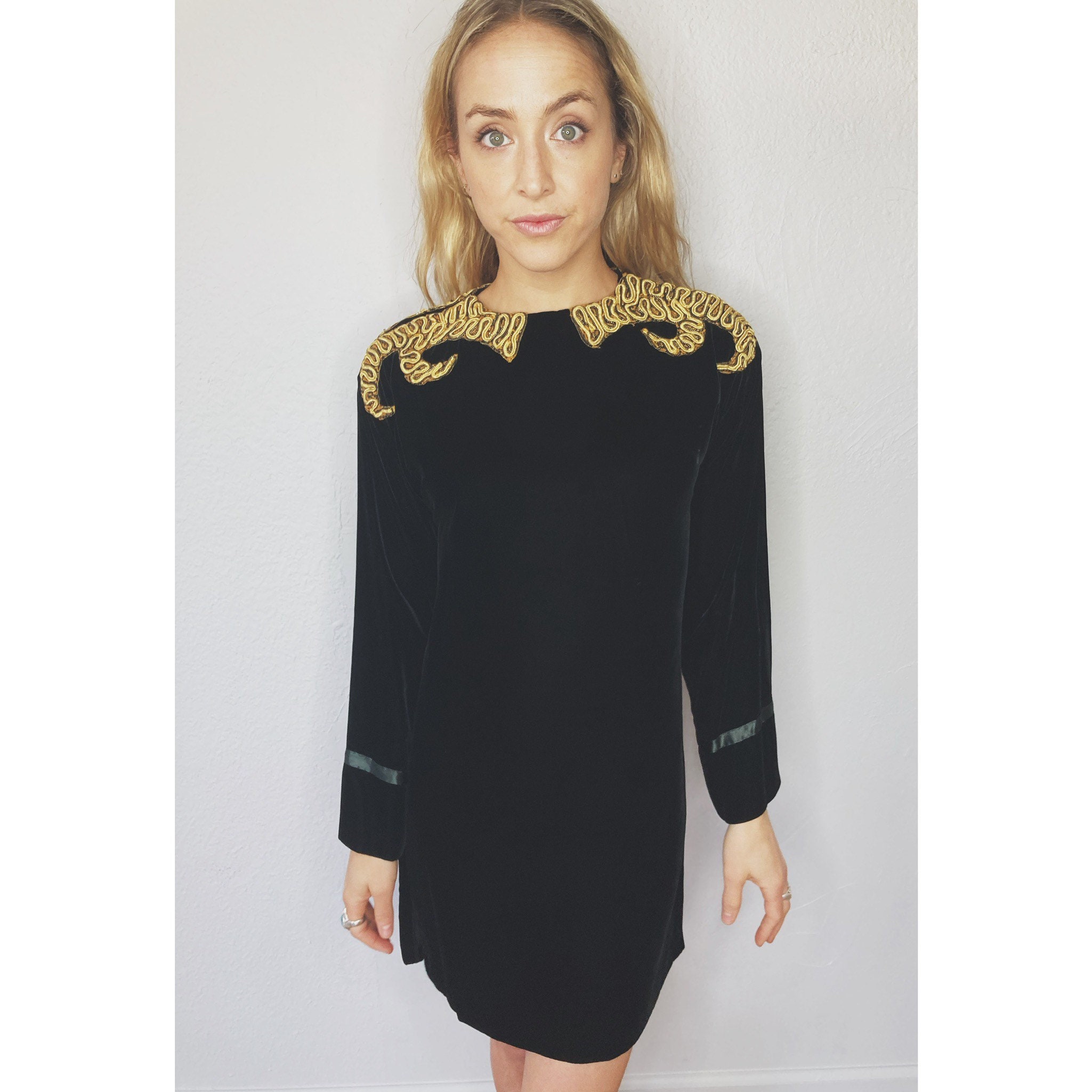 RARE Vintage 60s Italian Black VELVET Mini Dress With GOLD Embellished  Statement Collar - Etsy