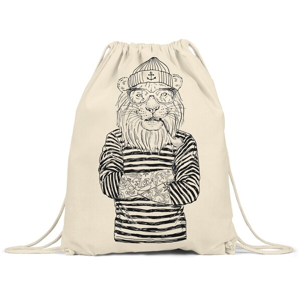 Gym bag Lion Drawstring backpack Sea Sailor Cats Gymbag Cotton Screen printing tattoo hand-printed