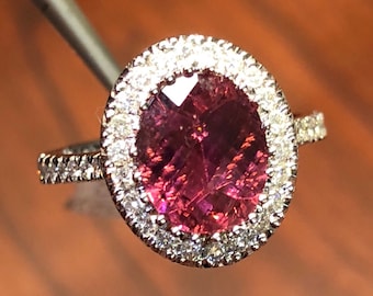 18K White Gold Rubellite Tourmaline Diamond Halo Engagement Ring