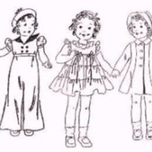 May include: Four illustrations of girls wearing different outfits. The girls are holding hands and are wearing hats. The outfits include a sailor dress, a ruffled dress, a coat, and a dress with a skirt.
