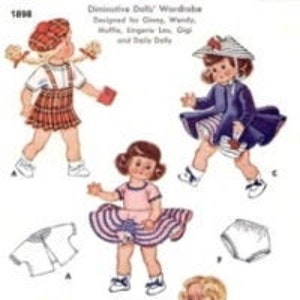 May include: A vintage sewing pattern for making doll clothes. The pattern includes instructions for making a dress, a skirt, a blouse, a pair of pants, and a pair of underwear. The pattern is for dolls that are approximately 12 inches tall.
