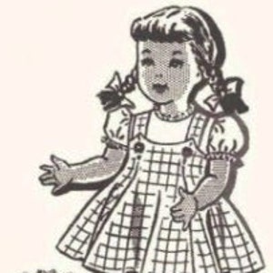 May include: A black and white illustration of a vintage sewing pattern for a girl's dress and blouse. The dress has a gingham pattern and a Peter Pan collar. The blouse has a puffed sleeve.