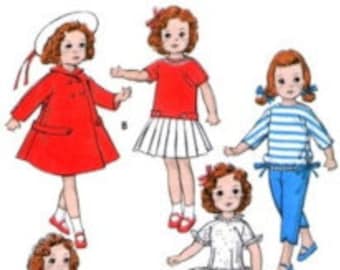 May include: A set of eight doll clothes patterns for a doll with a red coat, a white skirt, a blue and white striped shirt, a white dress, a blue shirt with a white skirt, a white dress with a red sash, a blue shirt with a white skirt, and a white dress with a white petticoat.