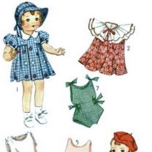 May include: A vintage sewing pattern for doll clothes. The pattern includes instructions for making a dress, a swimsuit, a sunsuit, a coat, and a hat. The pattern is illustrated with drawings of the finished garments.