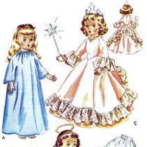 May include: A vintage sewing pattern for making doll clothes. The pattern includes instructions for making a princess dress, an angel costume, and a nightgown. The pattern is illustrated with drawings of the finished garments.