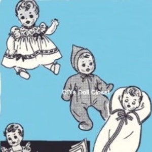 May include: A vintage sewing pattern for making doll clothes. The pattern includes instructions for making a dress, a hooded jacket, a baby bunting, and a bonnet. The pattern is for a doll that is approximately 12 inches tall.