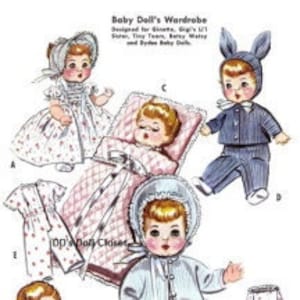 May include: A vintage sewing pattern for making doll clothes. The pattern includes instructions for making a dress, a coat, a bonnet, a nappy, a pair of trousers, and a bunny hat. The pattern is designed for dolls that are 12 inches tall.