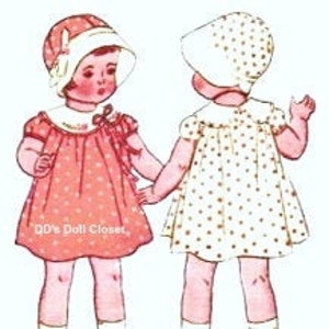 May include: A vintage doll dress pattern featuring a pink and white polka dot print. The pattern includes a dress, hat, and underskirt. The pattern is for a doll that is approximately 12 inches tall.