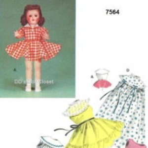 May include: Vintage sewing pattern for doll clothes, pattern number 7564. The pattern includes instructions for making four dresses for a doll. The dresses are in various colors and patterns, including red and white gingham, yellow with a floral print, blue and white striped, and pink with a floral print.