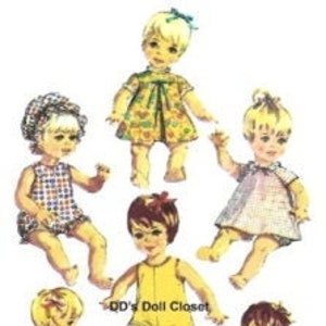 Puede incluir: Un conjunto de seis patrones de ropa para muñecas para hacer atuendos para muñecas. Los patrones incluyen un vestido, un mameluco, una camisa y pantalones cortos, un vestido con un sombrero a juego, un vestido con una falda a juego y una camisa y pantalones.