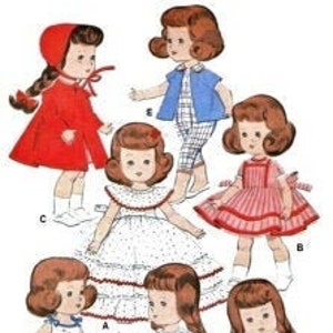 May include: Six vintage doll dress patterns with illustrations of the finished dresses. The patterns include a red hooded coat, a blue and white striped dress, a white dress with red polka dots, a pink dress with white polka dots, a blue and white dress with a white collar, and a pink dress with white trim.