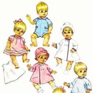 May include: A set of seven doll clothes for a baby doll. The clothes include a blue romper, a white dress with a pink trim, a pink coat with a white hat, a white dress with a white coat, a blue and white striped shirt and pants, and a white dress with a floral print.